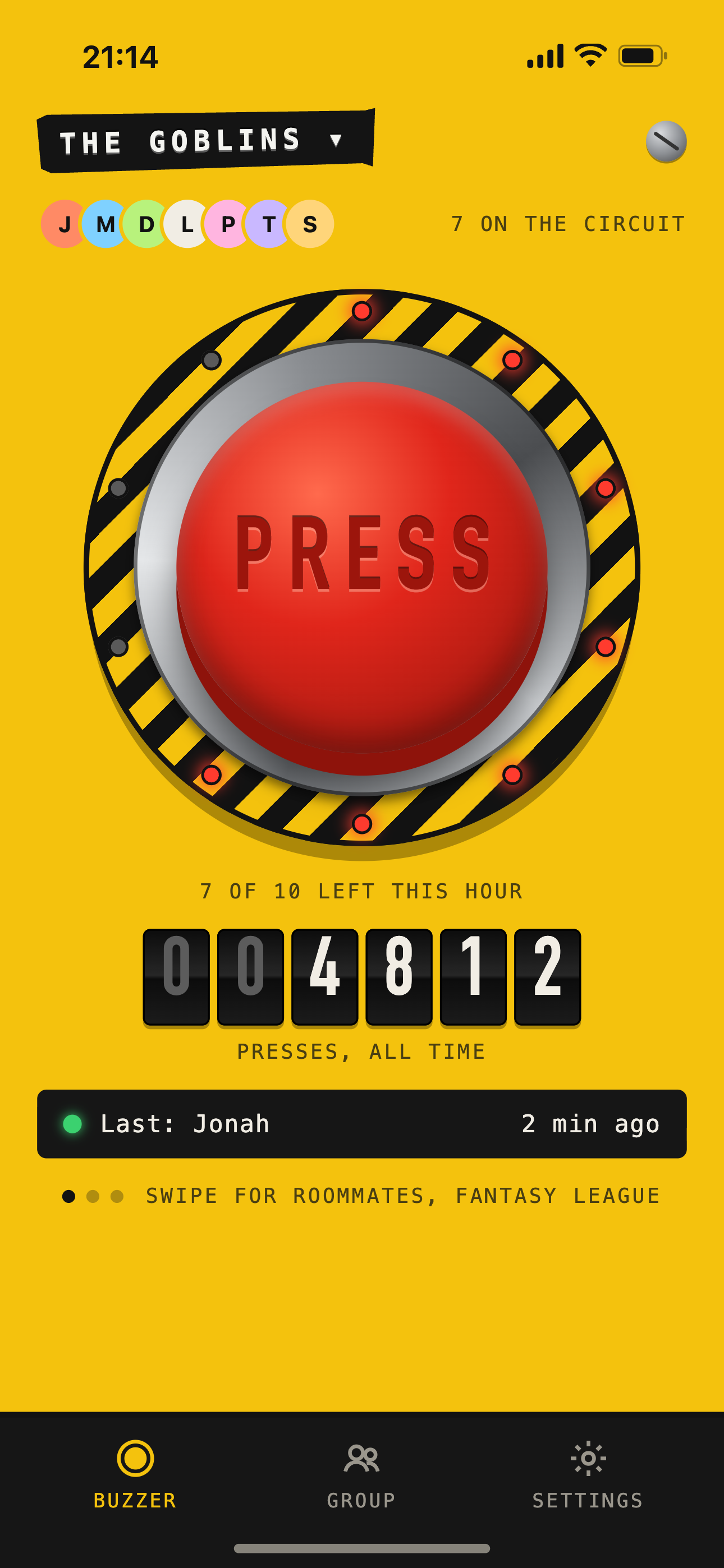 The home screen: The Goblins buzzer, a big red PRESS button, lamps for presses left this hour and an odometer for the all-time count.
