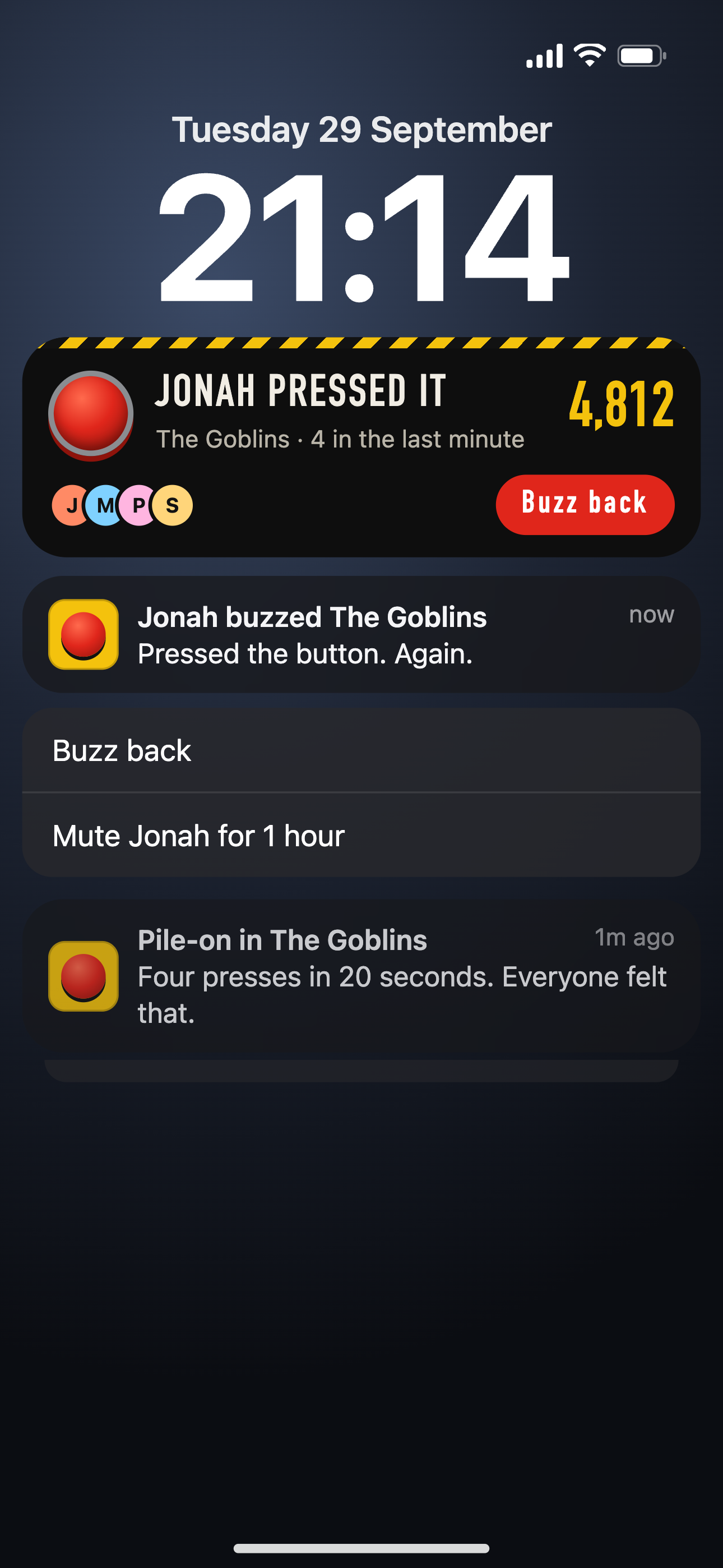The Lock Screen: a Live Activity showing who pressed it and the count, and a buzz notification with a Buzz back action.