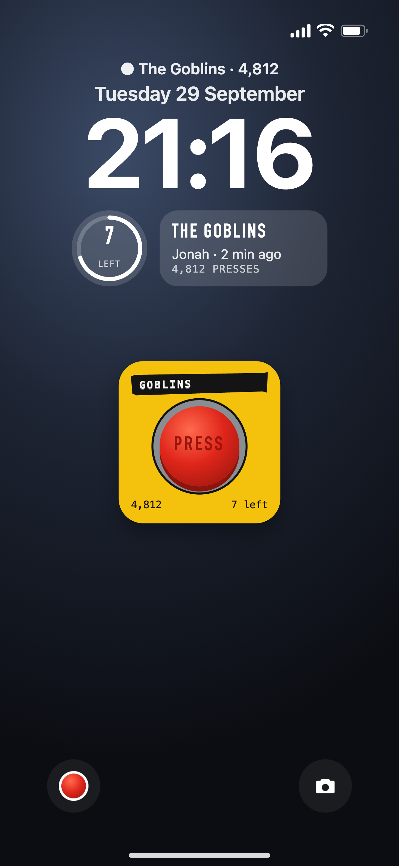 Lock Screen widgets showing presses left and the last press, and the small Home Screen widget with the button.